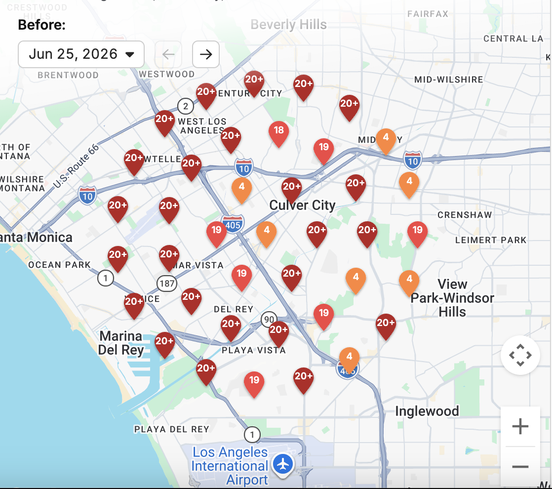 Google Maps Local 3-Pack ranking grid — BEFORE campaign showing low visibility across service territory