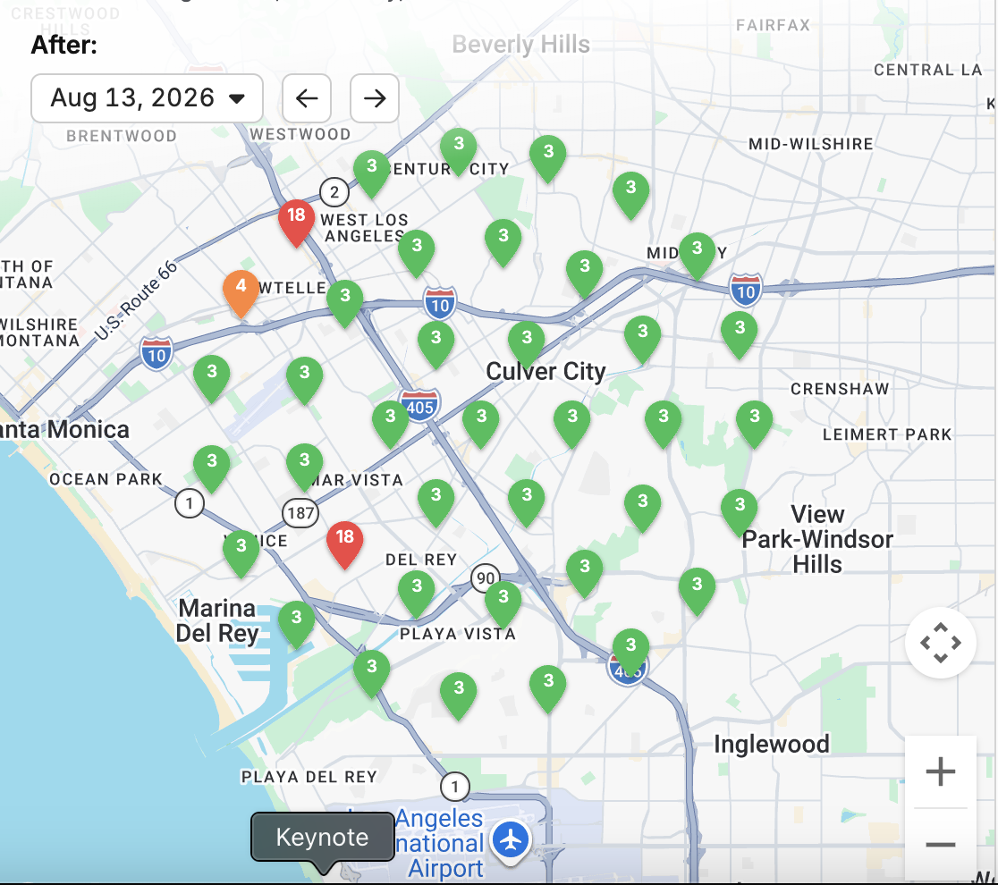 Google Maps Local 3-Pack ranking grid — AFTER campaign showing dominant green #1–#3 pins across entire service territory